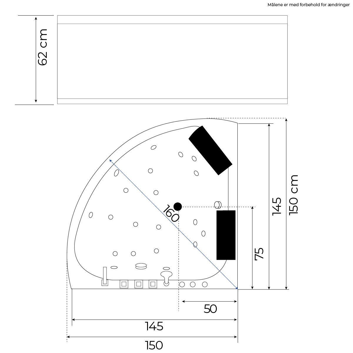 Måltegning for 1012 Deco indespa 153 cm venstredrejet. Fra SPA Kompaniet.