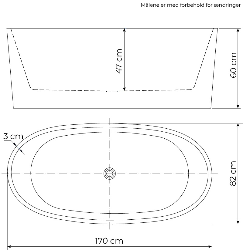 Måltegning for Varna akrylbadekar 170 cm. Fra SPA Kompaniet.