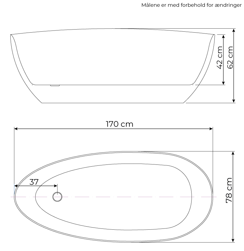 Måltegning til fritstående badekar Rømø 170 cm. Fra SPA Kompaniet.