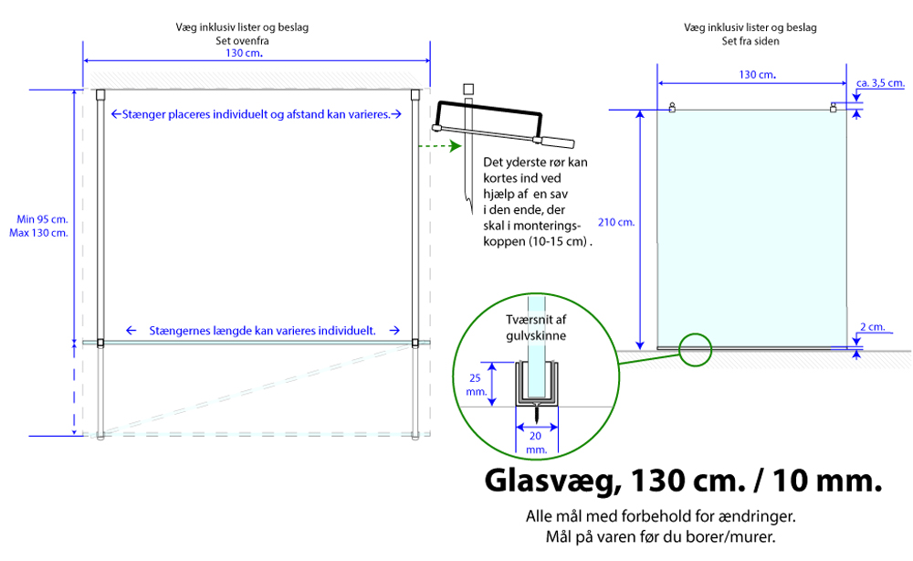 Måltegning til 130 cm,10 mm. Premium glasvæg med 2 støttestænger fra SPA Kompaniet.