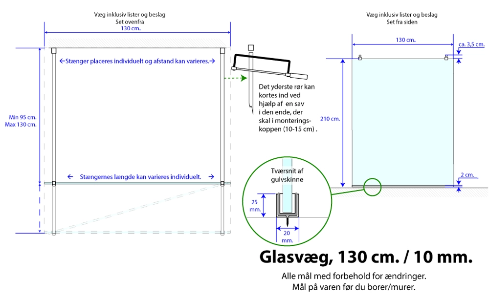 Måltegning til 130 cm,10 mm. Premium glasvæg med 2 støttestænger fra SPA Kompaniet.