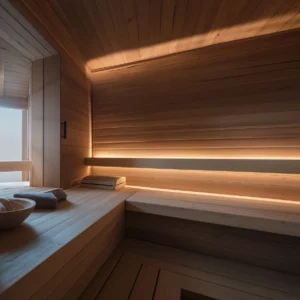 LED lys til saunabænk med RGB belysning installeret under saunabænk for stemningsfuld og indirekte sauna belysning