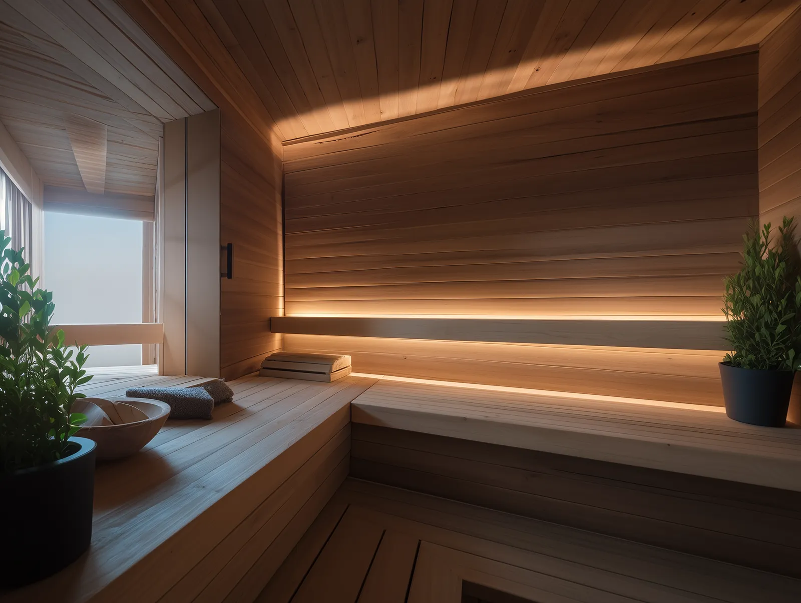 LED lys til saunabænk med RGB belysning installeret under saunabænk for stemningsfuld og indirekte sauna belysning