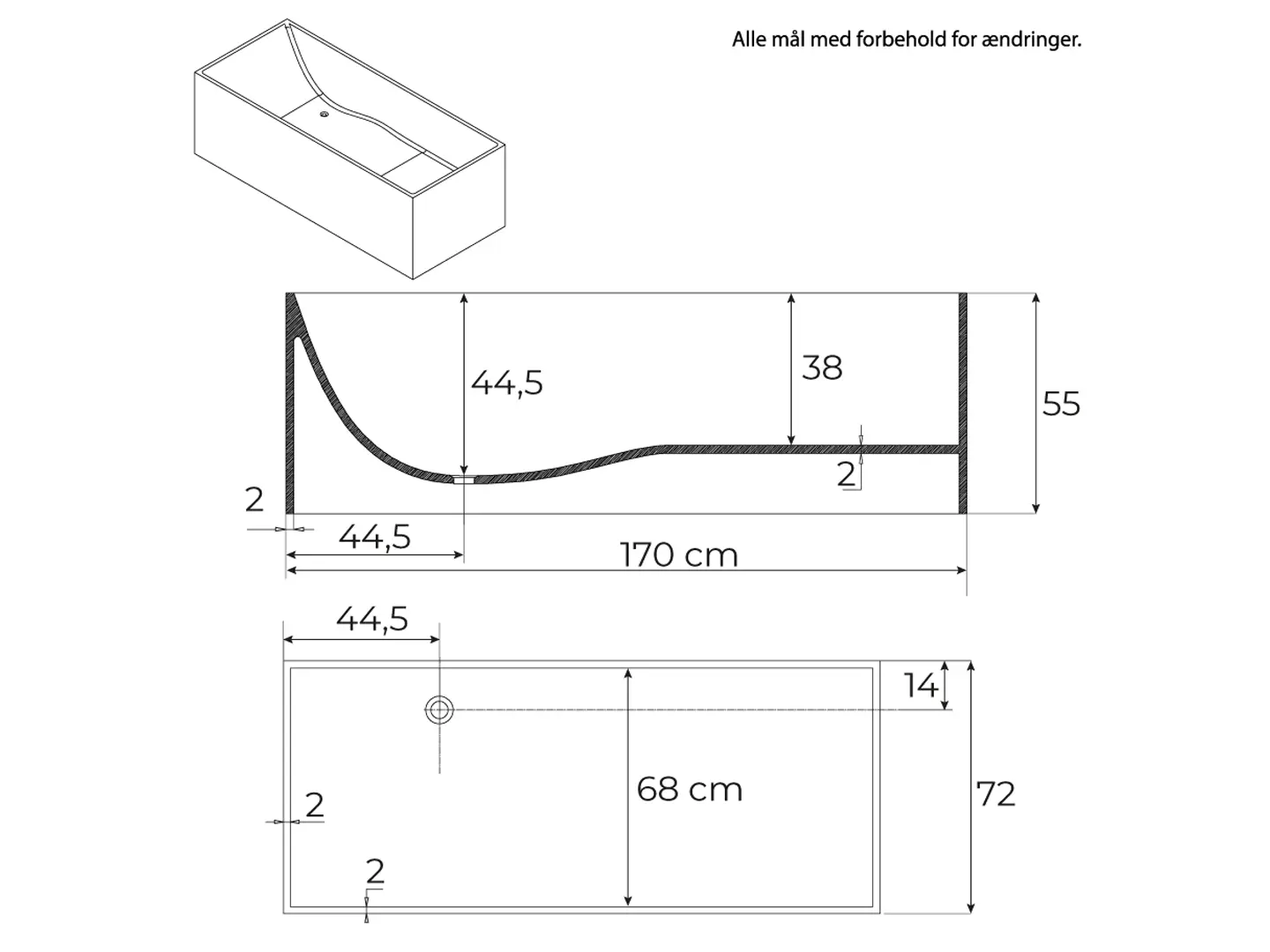 Måltegning for Badia 170 cm RockSolid stenbadekar fra SPA Kompaniet.