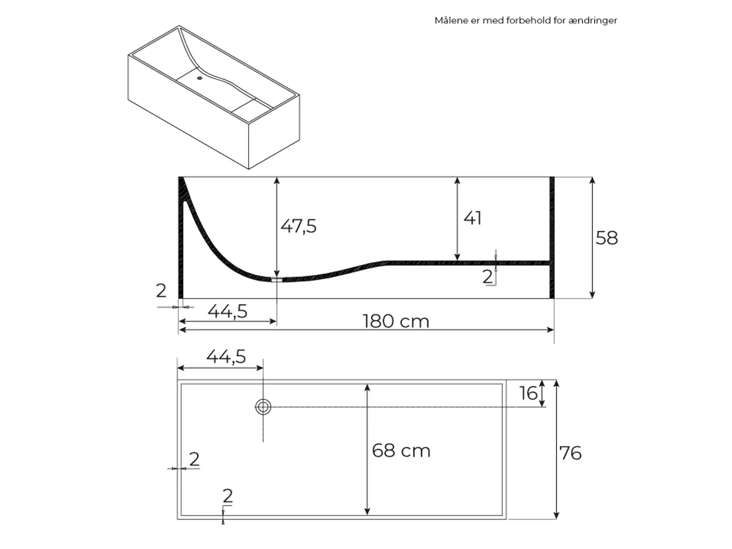 Måltegning for Badia RockSolid stenbadekar 180 cm. fra SPA Kompaniet.