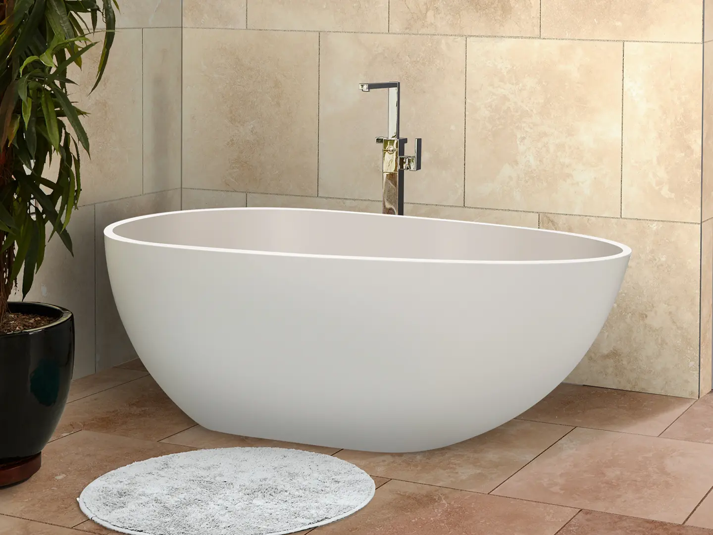 Rimini RockSolid stenbadekar 145 cm i badeværelsesmiljø. Fra SPA Kompaniet.