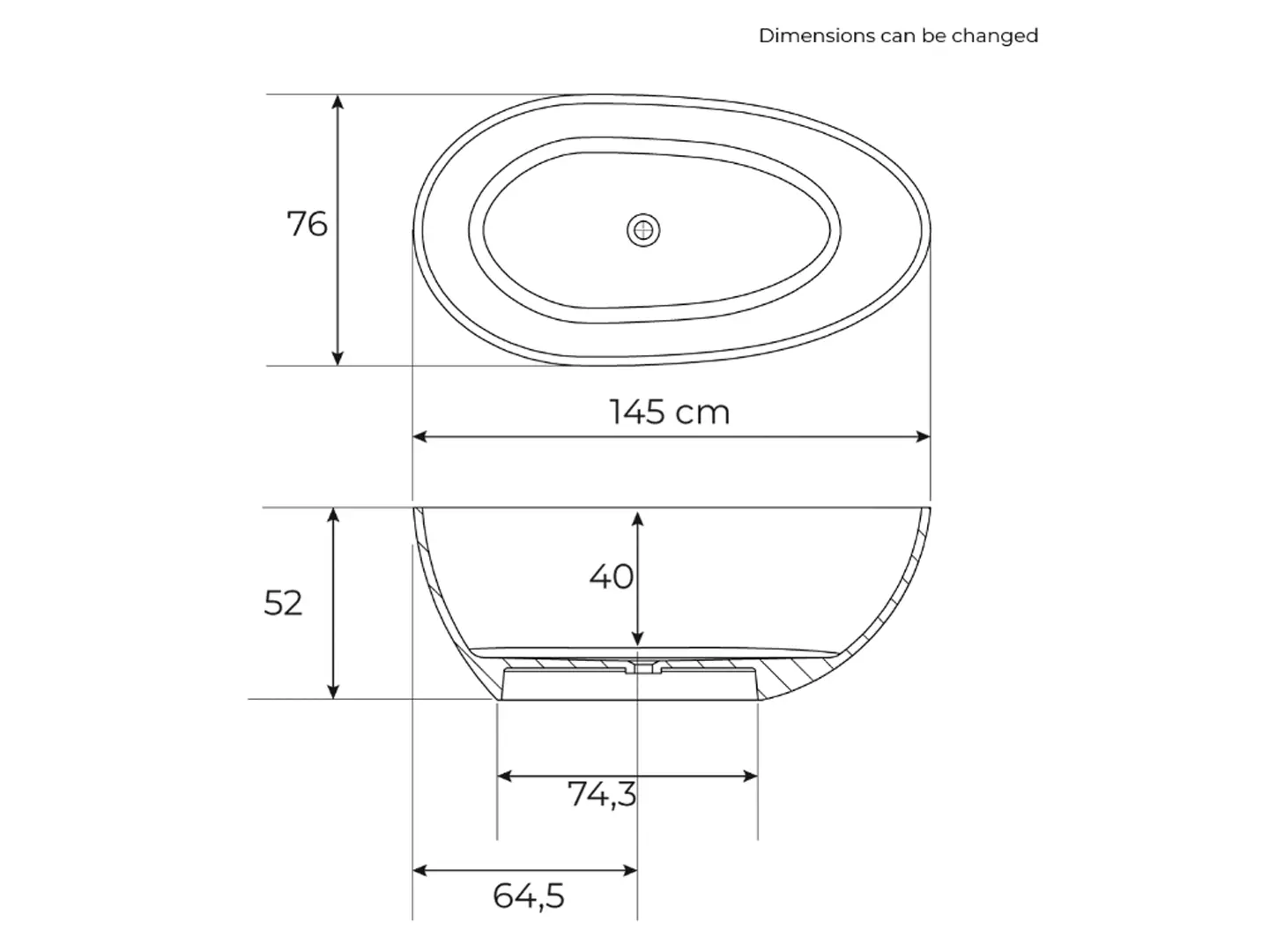 Måltegning for Rimini RockSolid stenbadekar 145 cm. fra SPA Kompaniet.
