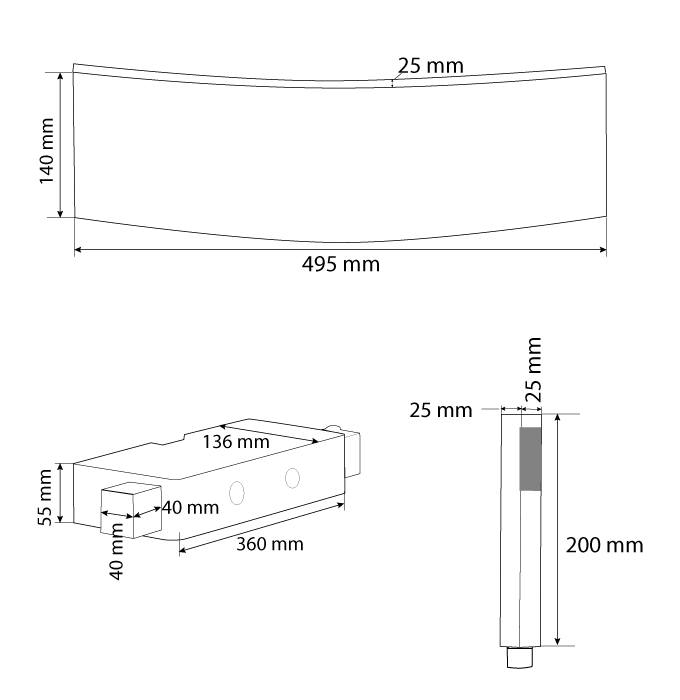 Måltegning for 5001 Rainbow 3D Shelf bruser. Fra SPA Kompaniet.