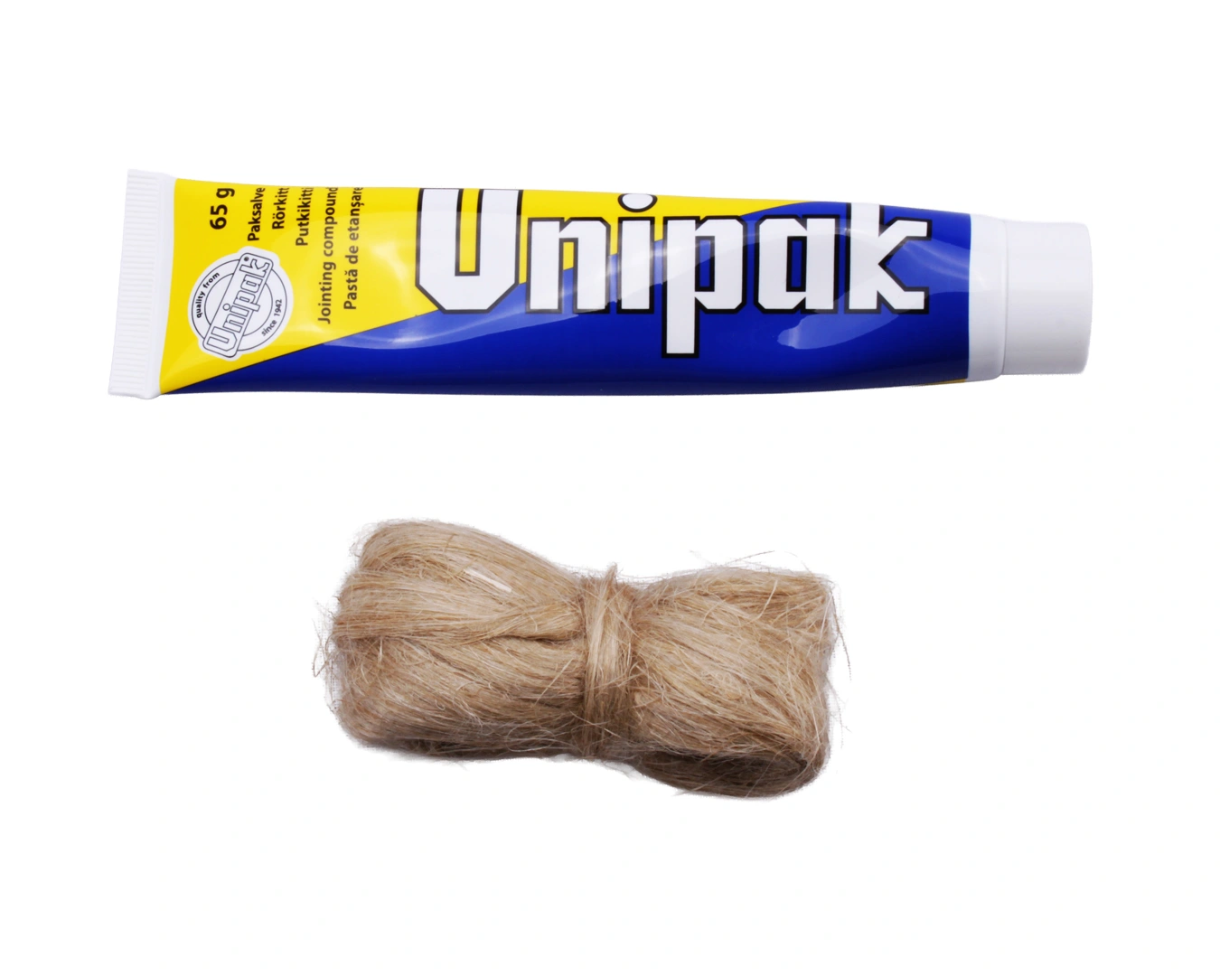 Unipack paksalve med pakgarn til montering af armaturer. Fra SPA Kompaniet.