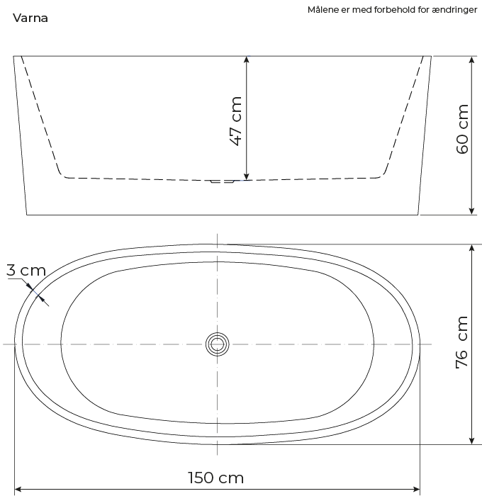 Måltegning til Varna Akrylbadekar 150 cm. Fra SPA Kompaniet.