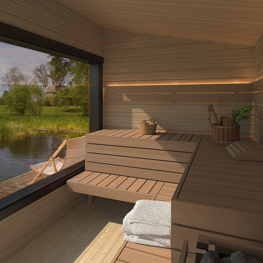 Udendørs sauna i træ placeret i naturen